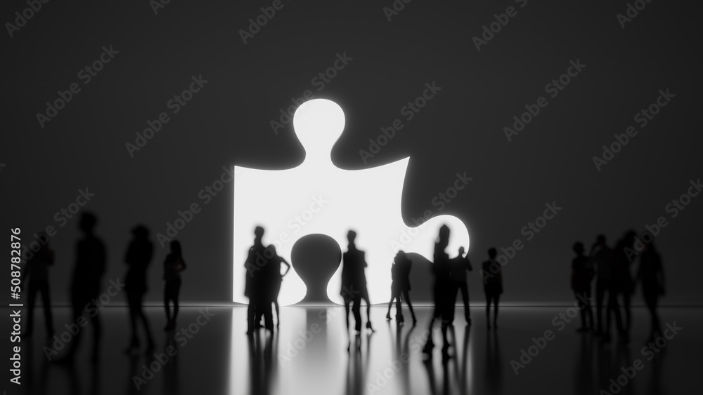 Poster 3d rendering people in front of symbol of puzzle piece on background