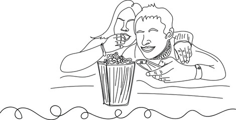 Sketch drawing of man and woman watching funny tv show, line art vector illustration silhouette of couple watching tv in funny pose