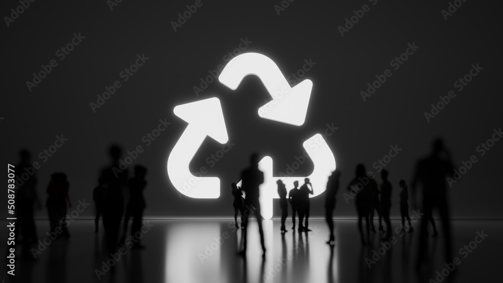 Poster 3d rendering people in front of symbol of recycle on background