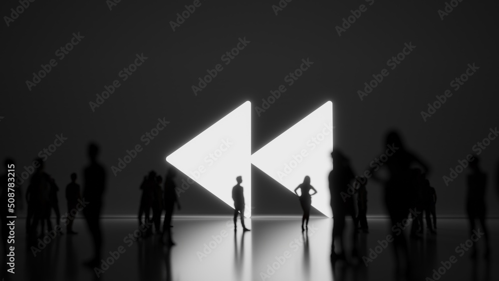 Poster 3d rendering people in front of symbol of rewind on background