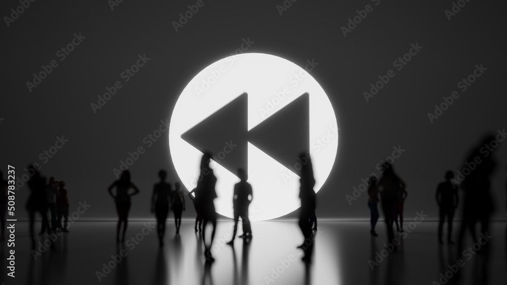 Poster 3d rendering people in front of symbol of rewind on background