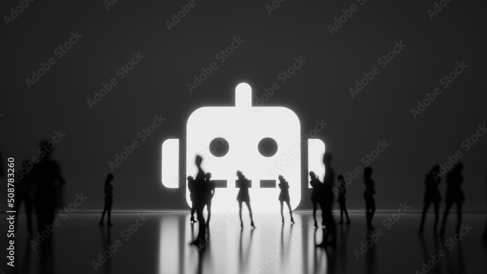 Poster 3d rendering people in front of symbol of robot on background