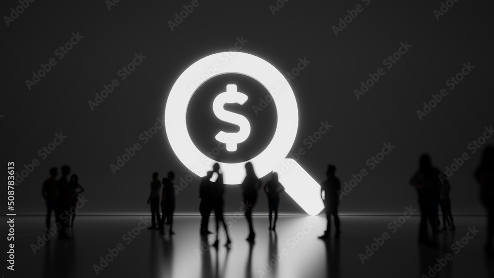 Poster 3d rendering people in front of symbol of search dollar on background