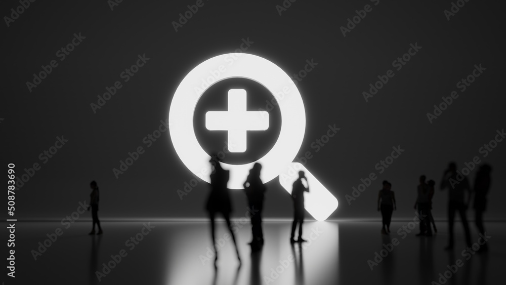 Poster 3d rendering people in front of symbol of search plus on background