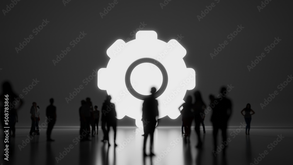 Poster 3d rendering people in front of symbol of settings on background