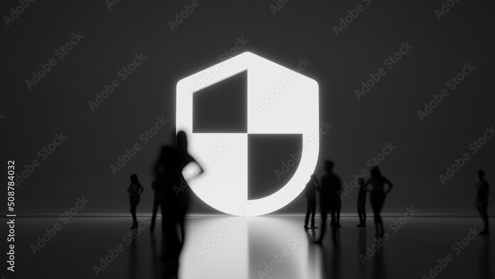Poster 3d rendering people in front of symbol of shield on background