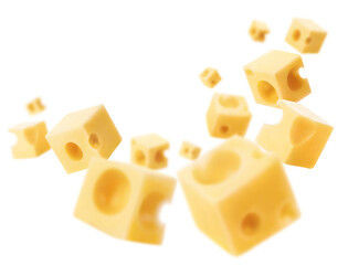 Flying cheese cubes, isolated on white background