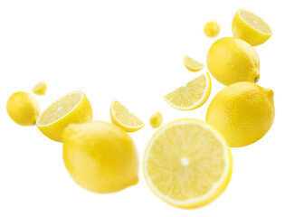 Flying lemon fruits, isolated on white background