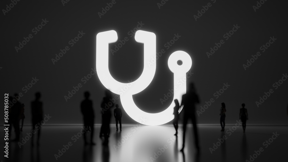 Poster 3d rendering people in front of symbol of stethoscope on background
