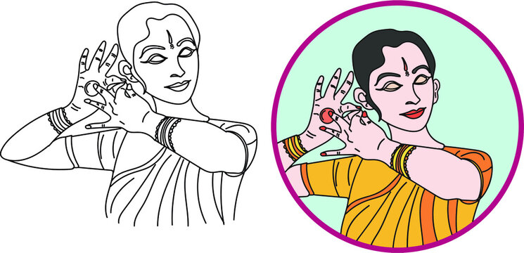 Indian Dance Logo, Kathak vector, Sketch drawing of indian kathakali dancer, silhouette of indian woman dancer
