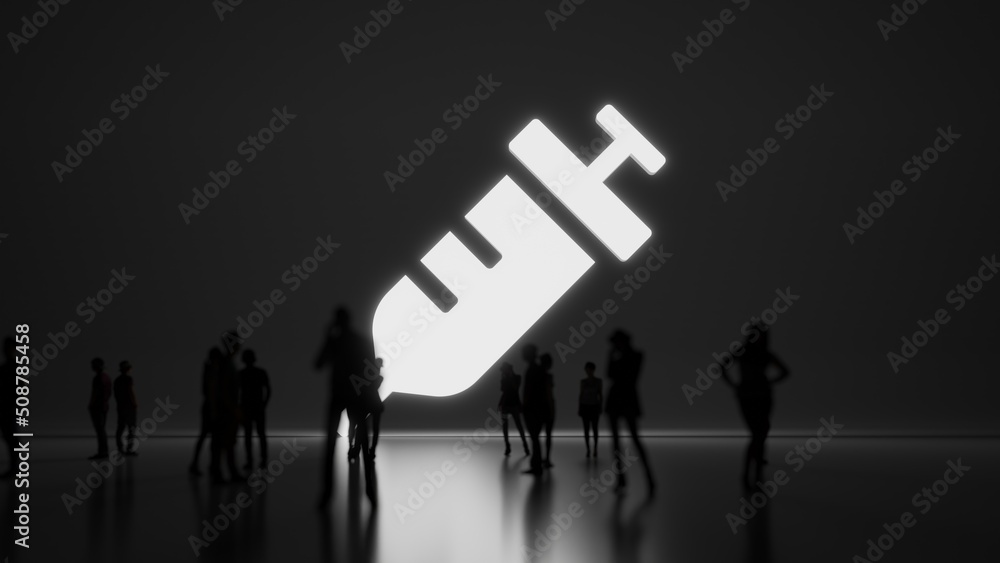 Poster 3d rendering people in front of symbol of syringe on background