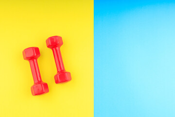 two bright red dumbbells for sports on a blue-yellow background