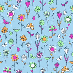 Fototapeta na wymiar Seamless vector pattern with busy flower meadow on blue background. Simple hand drawn floral wallpaper design. Decorative happy summer fashion textile.