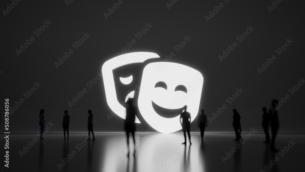 Poster 3d rendering people in front of symbol of theater masks on background