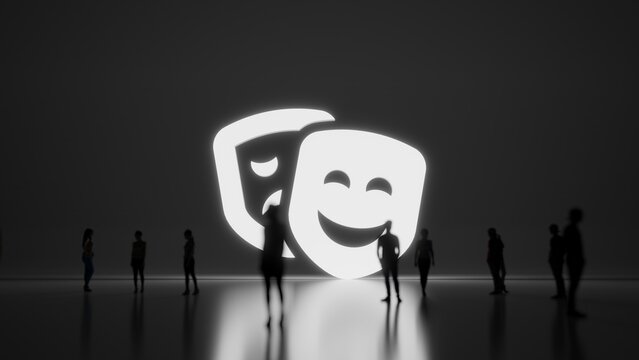 3d rendering people in front of symbol of theater masks on background