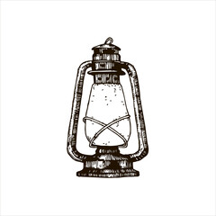 Vector, hand drawn vintage kerosene lamp. Oil lantern sketch.