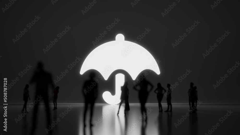 Poster 3d rendering people in front of symbol of umbrella on background