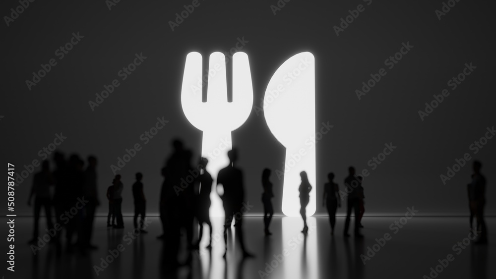 Poster 3d rendering people in front of symbol of utensils on background