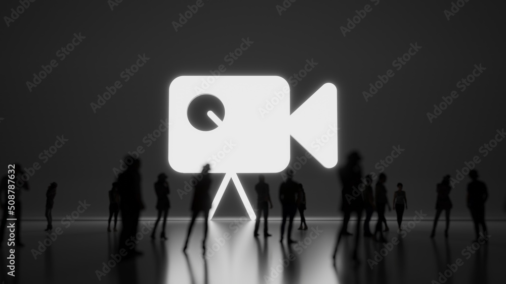Poster 3d rendering people in front of symbol of video camera on background