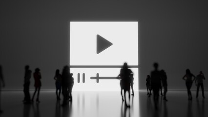 3d rendering people in front of symbol of video player on background