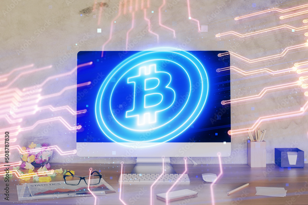 Poster Double exposure of blockchain and crypto economy theme hologram and table with computer background. Concept of bitcoin cryptocurrency.