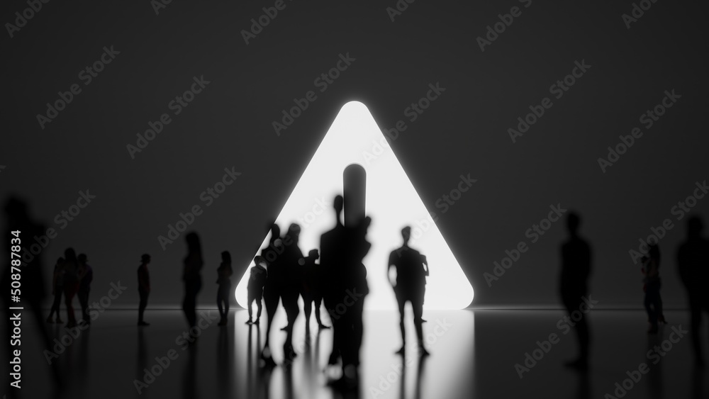 Poster 3d rendering people in front of symbol of warning on background