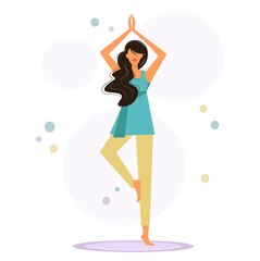 Pretty brunette woman doing yoga in tree pose. Young woman practicing yoga in vrksana pose. Girl working out in fitness club or gym, Active healthy lifestyle, cartoon vector isolated flat design.
