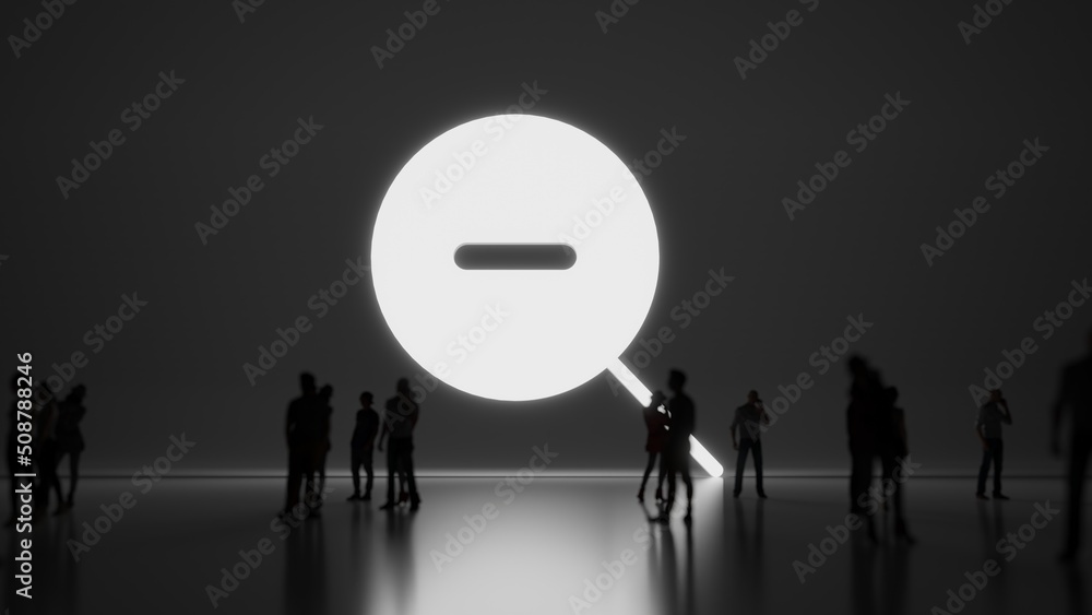 Poster 3d rendering people in front of symbol of magnifier zoom out on background