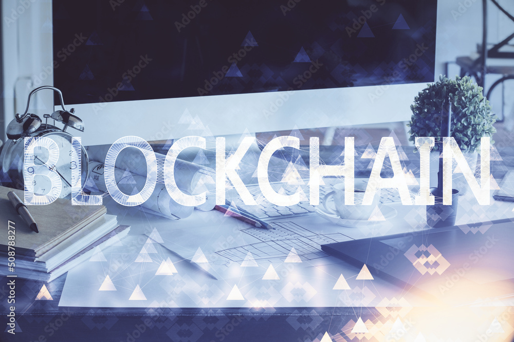 Aufkleber multi exposure of blockchain and crypto economy theme hologram and table with computer background. c