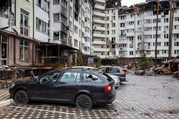Shot cars. On the streets of Irpin. Cities of Ukraine after the Russian occupation. Irpin, Bucha, Hostomel.