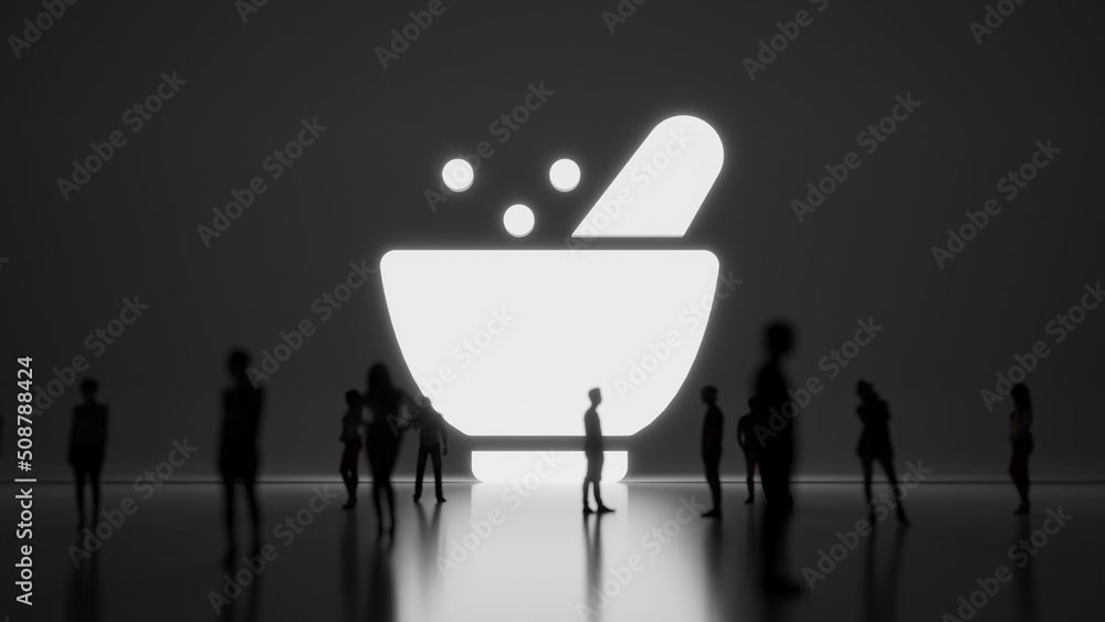 Poster 3d rendering people in front of symbol of alchemy mortar on background