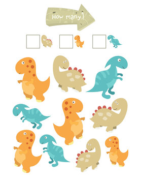 Dinosaur Activities for Kids. How Many. Count the Number of Cute Dinosaurs. Vector illustration.