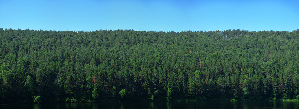 Geography, potamology. Middle Siberia (south part). Panorama of powerful rivers and taiga forests, summer, Typical coniform hill oreography (bald peak). - absence of people and virginal natural area