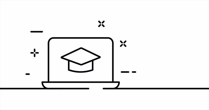 Laptop with academic cap. Learn, study, gain knowledge, student. Distance learning. Education concept. One line drawing animation. Motion design. Animated technology logo. Video 4K