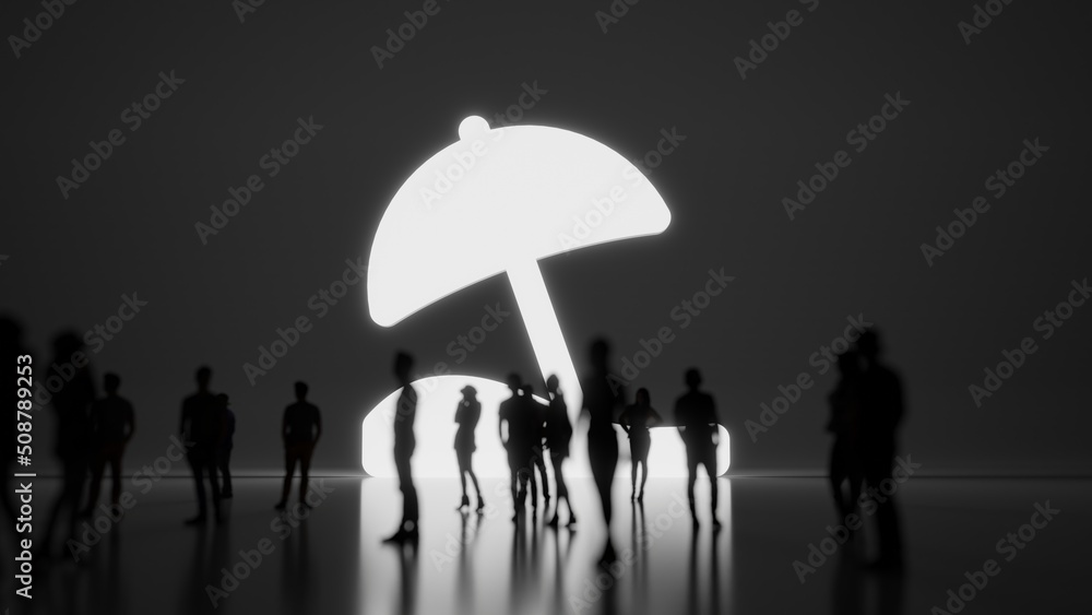 Poster 3d rendering people in front of symbol of beach umbrella on background