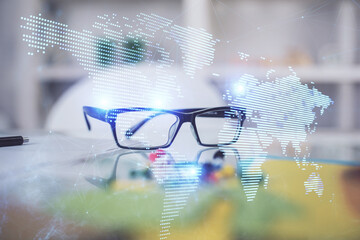 Social network theme drawing with glasses on the table background. Concept of people media connection. Double exposure.