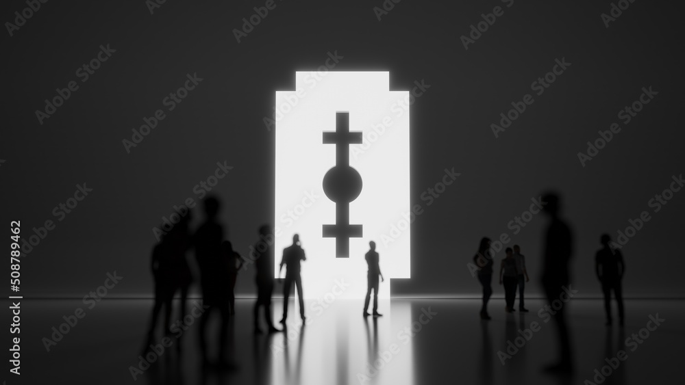 Poster 3d rendering people in front of symbol of blade on background