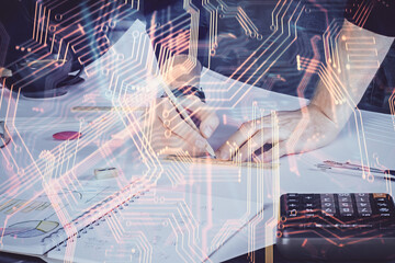 Close up of human hands background and abstract innovative technologies for industries. Multi exposure.