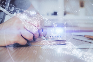 Writing human hands with tech theme multi exposure icons.
