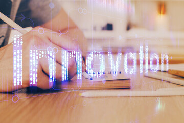 Writing human hands with tech theme multi exposure icons.