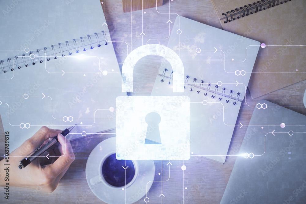 Poster Double exposure of hands making notes with lock icons. Concept security and protection of data