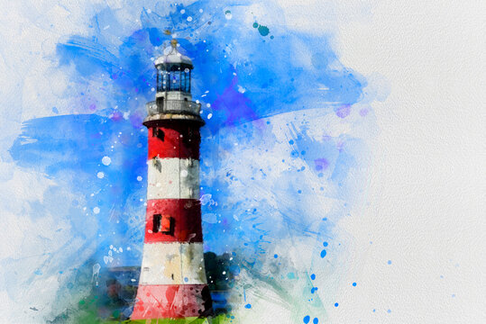 Lighthouse on a sky, watercolor illustration vintage picture