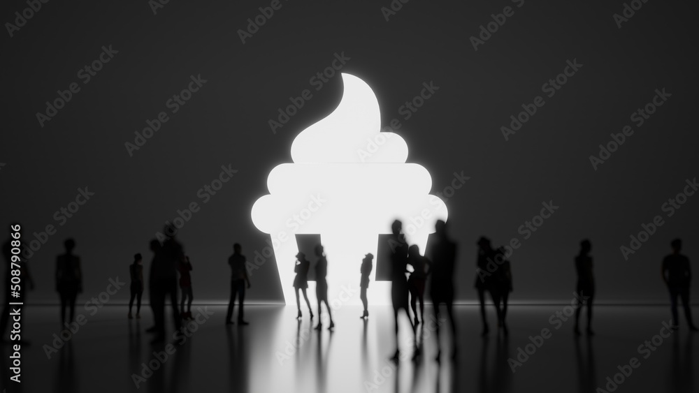 Poster 3d rendering people in front of symbol of cupcake on background