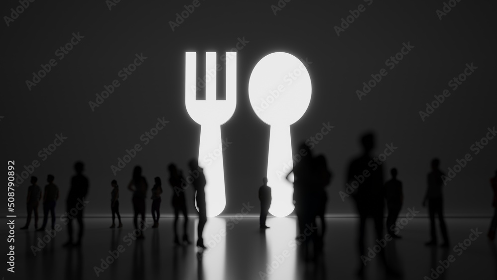 Poster 3d rendering people in front of symbol of cutlery on background