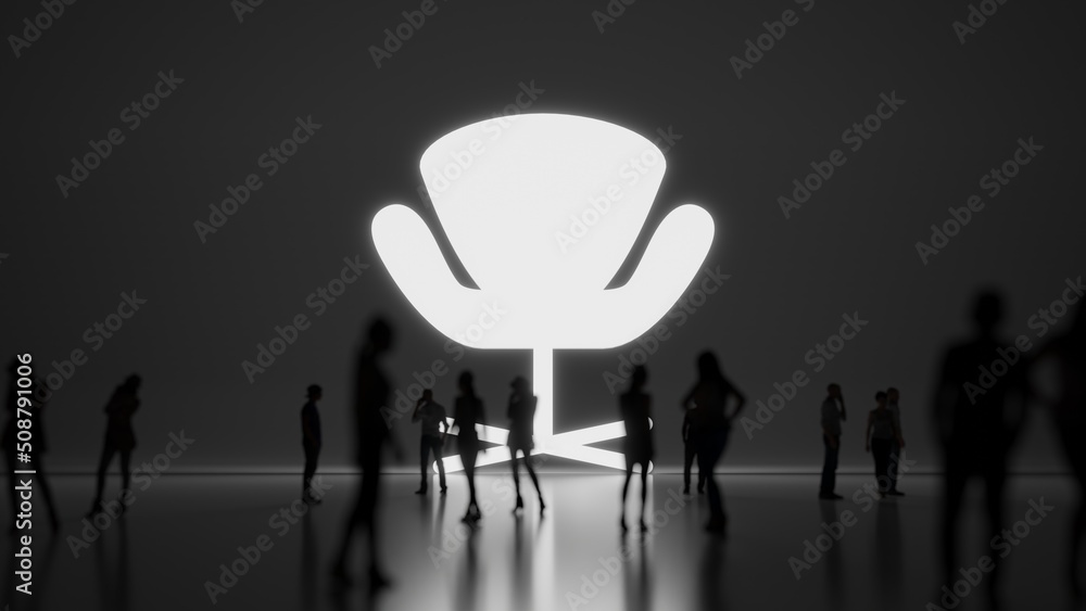 Poster 3d rendering people in front of symbol of design chair on background