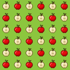 8-bit style apple seamless pattern, pixel art red fruits, retro game art