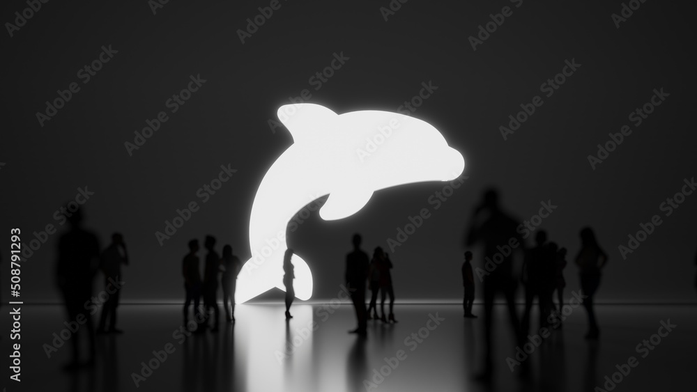 Poster 3d rendering people in front of symbol of dolphin on background