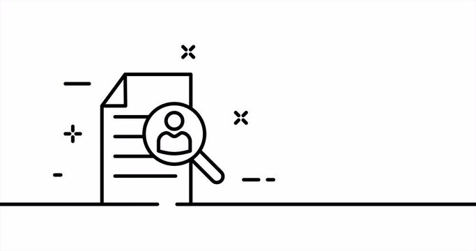 Personal data with magnifier. Work, search, look for, information, research, resume, cv, dossier. Business concept. One line drawing animation. Motion design. Animated technology logo. Video 4K