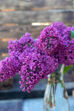 bouquet of purple lilacs on a wooden background in a glass vase