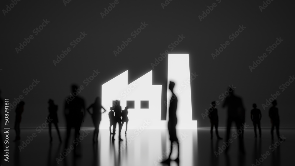 Poster 3d rendering people in front of symbol of factory on background